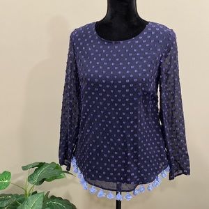 STS Sail to Sable Navy Swiss Dot Silk Blend Blouse w/ Cornflower Tassel Hem NWT